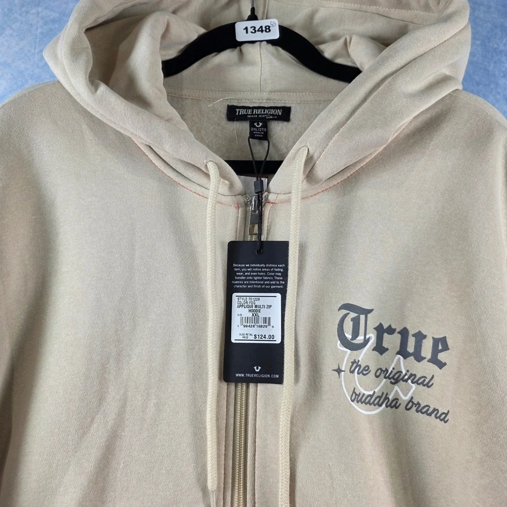 True Religion Mens Applique‎ Multi Zip Hoodie Fog Beige Fleece XXL 701228 NEW